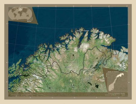 Foto de Troms og Finnmark, condado de Noruega. Mapa satelital de alta resolución. Ubicaciones y nombres de las principales ciudades de la región. Mapas de ubicación auxiliares de esquina - Imagen libre de derechos