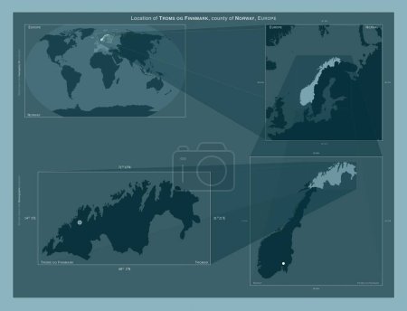 Foto de Troms og Finnmark, condado de Noruega. Diagrama que muestra la ubicación de la región en mapas a gran escala. Composición de marcos vectoriales y formas PNG sobre un fondo sólido - Imagen libre de derechos