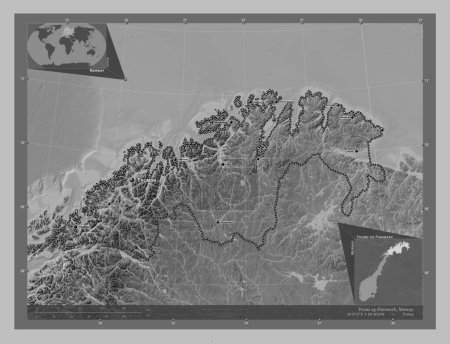 Photo for Troms og Finnmark, county of Norway. Grayscale elevation map with lakes and rivers. Locations and names of major cities of the region. Corner auxiliary location maps - Royalty Free Image
