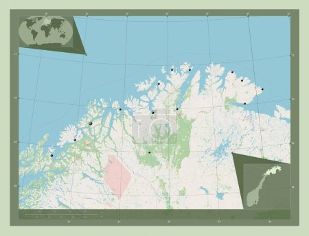 Foto de Troms og Finnmark, condado de Noruega. Open Street Map. Ubicaciones de las principales ciudades de la región. Mapas de ubicación auxiliares de esquina - Imagen libre de derechos