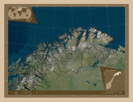 Foto de Troms og Finnmark, condado de Noruega. Mapa satelital de baja resolución. Ubicaciones y nombres de las principales ciudades de la región. Mapas de ubicación auxiliares de esquina - Imagen libre de derechos