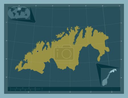 Foto de Troms og Finnmark, condado de Noruega. Forma de color sólido. Mapas de ubicación auxiliares de esquina - Imagen libre de derechos