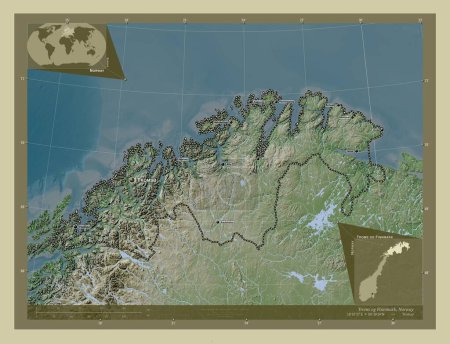 Foto de Troms og Finnmark, condado de Noruega. Mapa de elevación coloreado en estilo wiki con lagos y ríos. Ubicaciones y nombres de las principales ciudades de la región. Mapas de ubicación auxiliares de esquina - Imagen libre de derechos