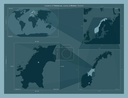 Foto de Trndelag, condado de Noruega. Diagrama que muestra la ubicación de la región en mapas a gran escala. Composición de marcos vectoriales y formas PNG sobre un fondo sólido - Imagen libre de derechos