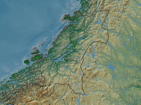 Foto de Trndelag, condado de Noruega. Mapa de elevación de colores con lagos y ríos - Imagen libre de derechos