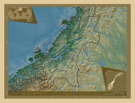 Foto de Trndelag, condado de Noruega. Mapa de elevación de colores con lagos y ríos. Ubicaciones y nombres de las principales ciudades de la región. Mapas de ubicación auxiliares de esquina - Imagen libre de derechos