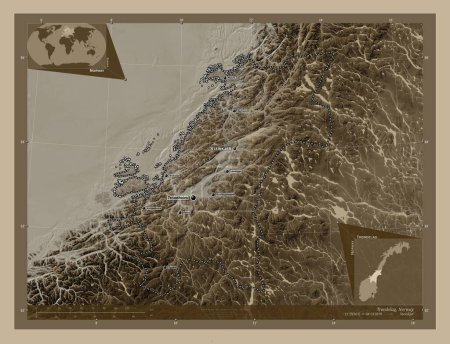 Photo for Trndelag, county of Norway. Elevation map colored in sepia tones with lakes and rivers. Locations and names of major cities of the region. Corner auxiliary location maps - Royalty Free Image