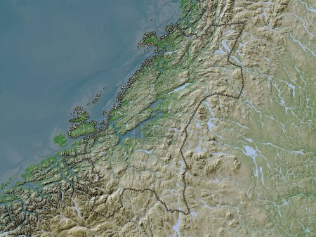 Foto de Trndelag, condado de Noruega. Mapa de elevación coloreado en estilo wiki con lagos y ríos - Imagen libre de derechos
