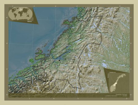 Foto de Trndelag, condado de Noruega. Mapa de elevación coloreado en estilo wiki con lagos y ríos. Ubicaciones y nombres de las principales ciudades de la región. Mapas de ubicación auxiliares de esquina - Imagen libre de derechos