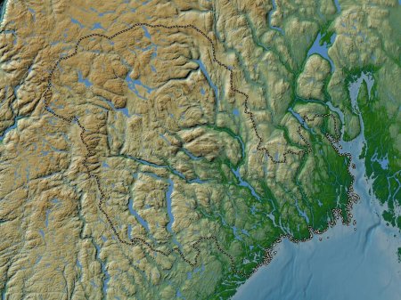 Foto de Vestfold og Telemark, condado de Noruega. Mapa de elevación de colores con lagos y ríos - Imagen libre de derechos