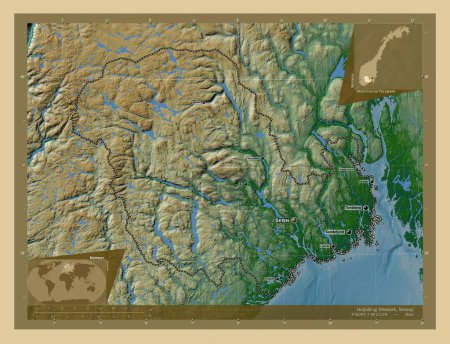Photo for Vestfold og Telemark, county of Norway. Colored elevation map with lakes and rivers. Locations and names of major cities of the region. Corner auxiliary location maps - Royalty Free Image