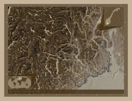 Photo for Vestfold og Telemark, county of Norway. Elevation map colored in sepia tones with lakes and rivers. Locations of major cities of the region. Corner auxiliary location maps - Royalty Free Image