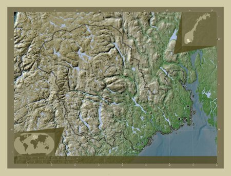 Foto de Vestfold og Telemark, condado de Noruega. Mapa de elevación coloreado en estilo wiki con lagos y ríos. Ubicaciones de las principales ciudades de la región. Mapas de ubicación auxiliares de esquina - Imagen libre de derechos