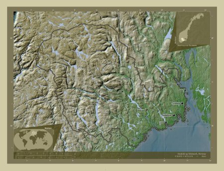 Foto de Vestfold og Telemark, condado de Noruega. Mapa de elevación coloreado en estilo wiki con lagos y ríos. Ubicaciones y nombres de las principales ciudades de la región. Mapas de ubicación auxiliares de esquina - Imagen libre de derechos