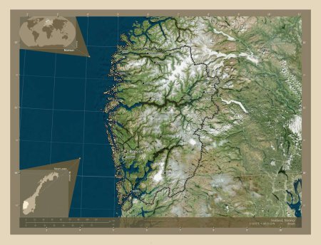 Foto de Vestland, condado de Noruega. Mapa satelital de alta resolución. Ubicaciones y nombres de las principales ciudades de la región. Mapas de ubicación auxiliares de esquina - Imagen libre de derechos