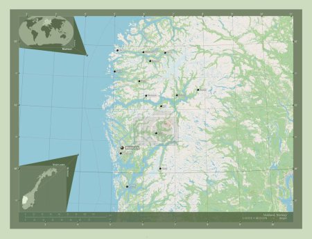 Foto de Vestland, condado de Noruega. Open Street Map. Ubicaciones y nombres de las principales ciudades de la región. Mapas de ubicación auxiliares de esquina - Imagen libre de derechos