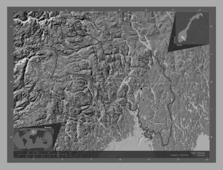 Foto de Viken, condado de Noruega. Mapa de elevación de Bilevel con lagos y ríos. Ubicaciones y nombres de las principales ciudades de la región. Mapas de ubicación auxiliares de esquina - Imagen libre de derechos