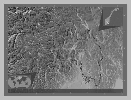 Foto de Viken, condado de Noruega. Mapa de elevación a escala de grises con lagos y ríos. Mapas de ubicación auxiliares de esquina - Imagen libre de derechos