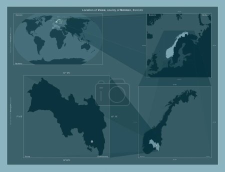 Foto de Viken, condado de Noruega. Diagrama que muestra la ubicación de la región en mapas a gran escala. Composición de marcos vectoriales y formas PNG sobre un fondo sólido - Imagen libre de derechos