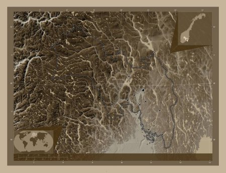 Photo for Viken, county of Norway. Elevation map colored in sepia tones with lakes and rivers. Locations of major cities of the region. Corner auxiliary location maps - Royalty Free Image
