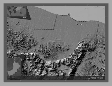 Photo for Al Batinah South, region of Oman. Bilevel elevation map with lakes and rivers. Locations and names of major cities of the region. Corner auxiliary location maps - Royalty Free Image