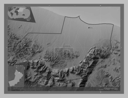 Photo for Al Batinah South, region of Oman. Grayscale elevation map with lakes and rivers. Locations and names of major cities of the region. Corner auxiliary location maps - Royalty Free Image
