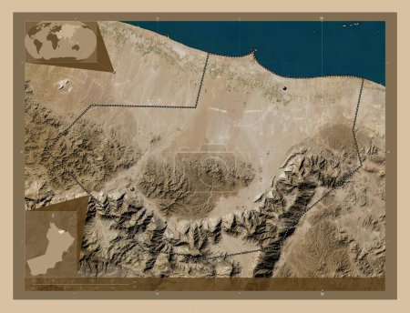Photo for Al Batinah South, region of Oman. Low resolution satellite map. Locations of major cities of the region. Corner auxiliary location maps - Royalty Free Image