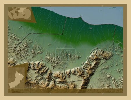 Foto de Al Batinah Sur, región de Omán. Mapa de elevación de colores con lagos y ríos. Ubicaciones de las principales ciudades de la región. Mapas de ubicación auxiliares de esquina - Imagen libre de derechos