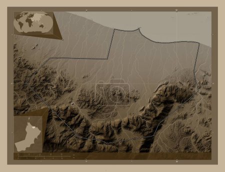 Photo for Al Batinah South, region of Oman. Elevation map colored in sepia tones with lakes and rivers. Corner auxiliary location maps - Royalty Free Image