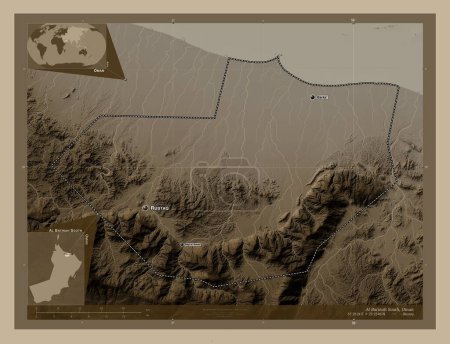 Photo for Al Batinah South, region of Oman. Elevation map colored in sepia tones with lakes and rivers. Locations and names of major cities of the region. Corner auxiliary location maps - Royalty Free Image