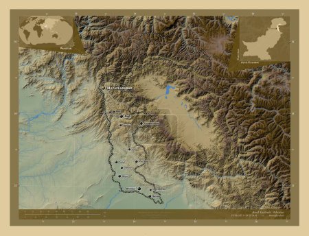 Photo for Azad Kashmir, centrally administered area of Pakistan. Colored elevation map with lakes and rivers. Locations and names of major cities of the region. Corner auxiliary location maps - Royalty Free Image