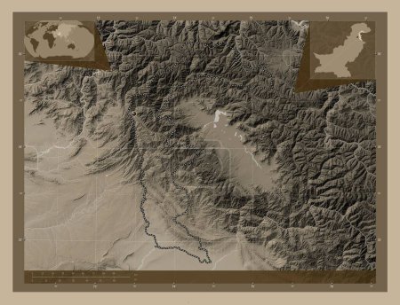 Photo for Azad Kashmir, centrally administered area of Pakistan. Elevation map colored in sepia tones with lakes and rivers. Corner auxiliary location maps - Royalty Free Image