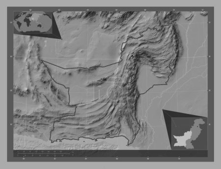 Photo for Baluchistan, province of Pakistan. Bilevel elevation map with lakes and rivers. Corner auxiliary location maps - Royalty Free Image