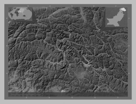 Photo for Gilgit-Baltistan, centrally administered area of Pakistan. Grayscale elevation map with lakes and rivers. Corner auxiliary location maps - Royalty Free Image