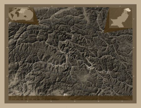 Photo for Gilgit-Baltistan, centrally administered area of Pakistan. Elevation map colored in sepia tones with lakes and rivers. Locations of major cities of the region. Corner auxiliary location maps - Royalty Free Image