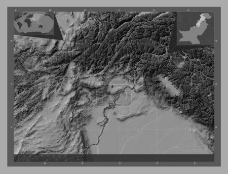 Téléchargez les photos : Khyber Pakhtunkhwa, province of Pakistan. Bilevel elevation map with lakes and rivers. Corner auxiliary location maps - en image libre de droit