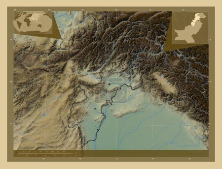 Photo for Khyber Pakhtunkhwa, province of Pakistan. Colored elevation map with lakes and rivers. Locations of major cities of the region. Corner auxiliary location maps - Royalty Free Image