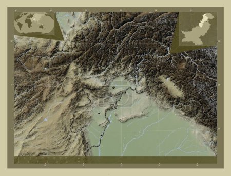 Téléchargez les photos : Khyber Pakhtunkhwa, province of Pakistan. Elevation map colored in wiki style with lakes and rivers. Locations of major cities of the region. Corner auxiliary location maps - en image libre de droit