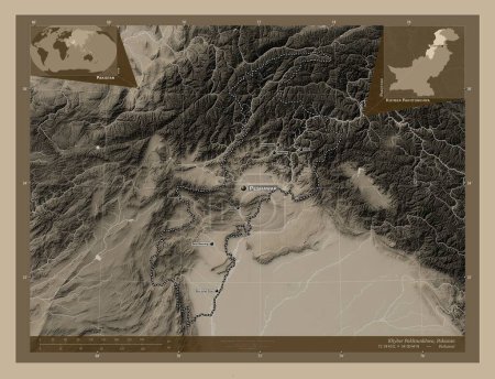 Téléchargez les photos : Khyber Pakhtunkhwa, province of Pakistan. Elevation map colored in sepia tones with lakes and rivers. Locations and names of major cities of the region. Corner auxiliary location maps - en image libre de droit