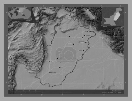Téléchargez les photos : Punjab, province of Pakistan. Bilevel elevation map with lakes and rivers. Locations and names of major cities of the region. Corner auxiliary location maps - en image libre de droit