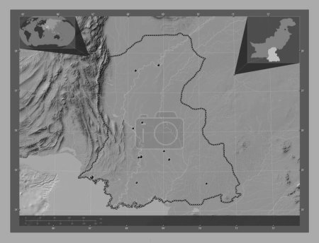 Téléchargez les photos : Sind, province of Pakistan. Bilevel elevation map with lakes and rivers. Locations of major cities of the region. Corner auxiliary location maps - en image libre de droit