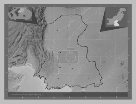 Foto de Sind, province of Pakistan. Grayscale elevation map with lakes and rivers. Locations of major cities of the region. Corner auxiliary location maps - Imagen libre de derechos