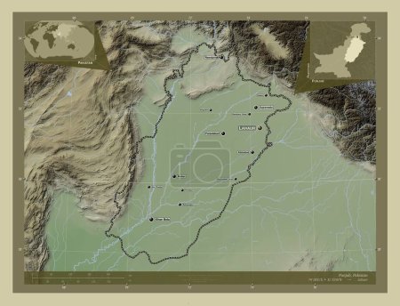 Foto de Punjab, province of Pakistan. Elevation map colored in wiki style with lakes and rivers. Locations and names of major cities of the region. Corner auxiliary location maps - Imagen libre de derechos