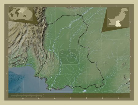 Téléchargez les photos : Sind, province of Pakistan. Elevation map colored in wiki style with lakes and rivers. Corner auxiliary location maps - en image libre de droit