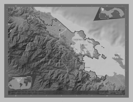 Téléchargez les photos : Bocas del Toro, province of Panama. Grayscale elevation map with lakes and rivers. Locations and names of major cities of the region. Corner auxiliary location maps - en image libre de droit