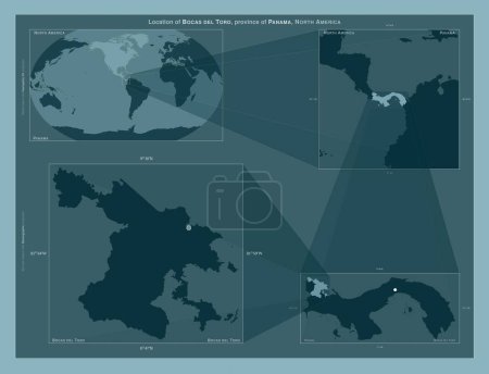 Photo for Bocas del Toro, province of Panama. Diagram showing the location of the region on larger-scale maps. Composition of vector frames and PNG shapes on a solid background - Royalty Free Image