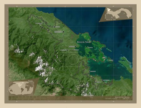 Téléchargez les photos : Bocas del Toro, province of Panama. High resolution satellite map. Locations and names of major cities of the region. Corner auxiliary location maps - en image libre de droit