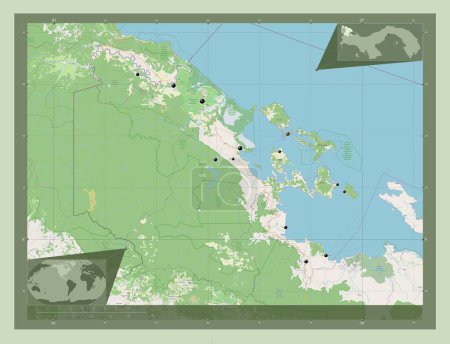 Téléchargez les photos : Bocas del Toro, province of Panama. Open Street Map. Locations of major cities of the region. Corner auxiliary location maps - en image libre de droit