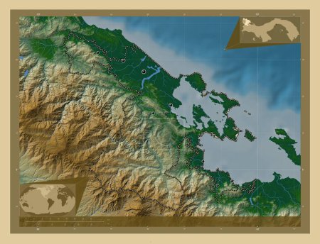 Téléchargez les photos : Bocas del Toro, province of Panama. Colored elevation map with lakes and rivers. Locations of major cities of the region. Corner auxiliary location maps - en image libre de droit