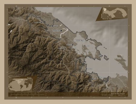 Foto de Bocas del Toro, province of Panama. Elevation map colored in sepia tones with lakes and rivers. Locations and names of major cities of the region. Corner auxiliary location maps - Imagen libre de derechos